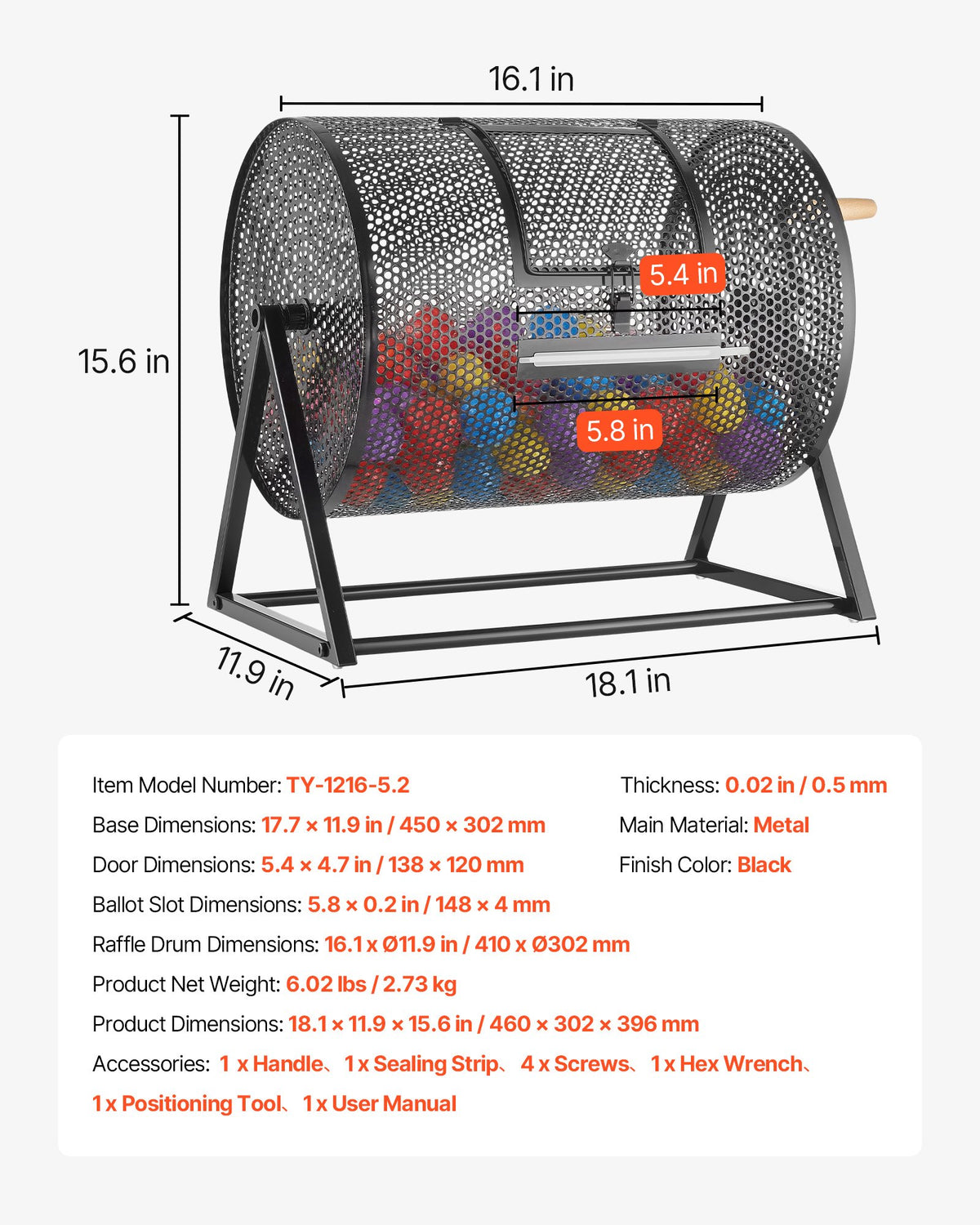 VEVOR Raffle Ticket Spinner, 16.1" x 11.9" Holds 5000 Tickets or 200 Ping Pong Balls, Raffle Drum Lottery Spinning Cage with Reinforced Handle, Stable Triangular Stand, for Events, Gatherings, Black - CJG16YCJSDZJ08RPU002V0 - view 8