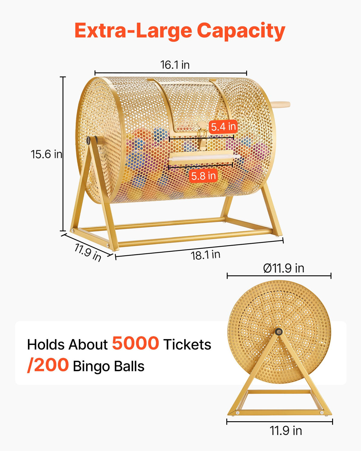 VEVOR Raffle Ticket Spinner, 16.1" x 11.9" Holds 5000 Tickets or 200 Ping Pong Balls, Raffle Drum Lottery Spinning Cage with Reinforced Handle, Stable Triangular Stand, for Events and Gatherings, Gold - CJG16YCJSDZJIXEVM002V0 - view 3