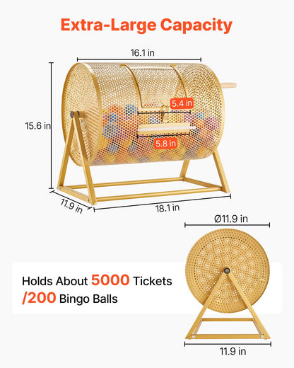VEVOR Raffle Ticket Spinner, 16.1" x 11.9" Holds 5000 Tickets or 200 Ping Pong Balls, Raffle Drum Lottery Spinning Cage with Reinforced Handle, Stable Triangular Stand, for Events and Gatherings, Gold - CJG16YCJSDZJIXEVM002V0 - view 3