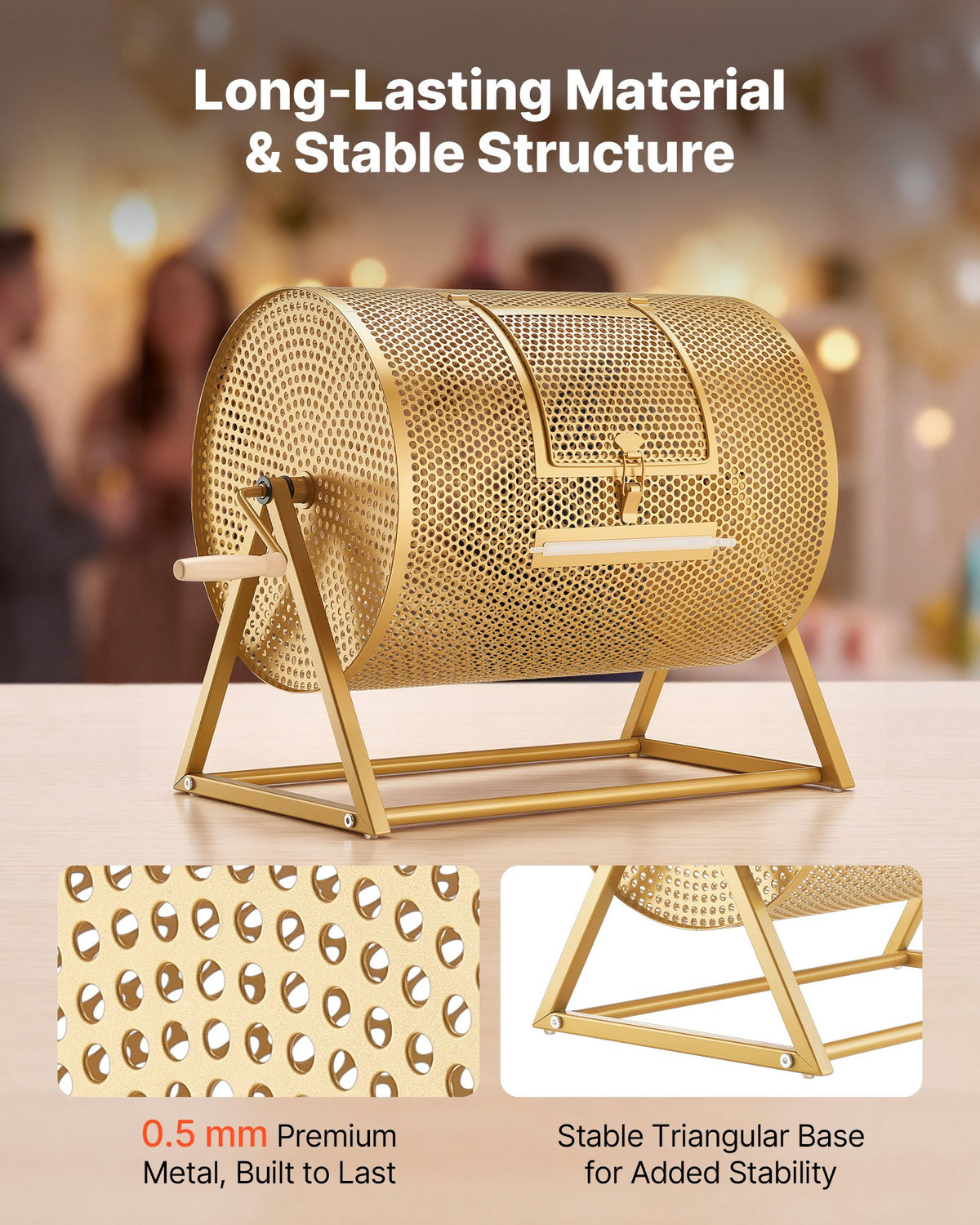 VEVOR Raffle Ticket Spinner, 16.1" x 11.9" Holds 5000 Tickets or 200 Ping Pong Balls, Raffle Drum Lottery Spinning Cage with Reinforced Handle, Stable Triangular Stand, for Events and Gatherings, Gold - CJG16YCJSDZJIXEVM002V0 - view 4