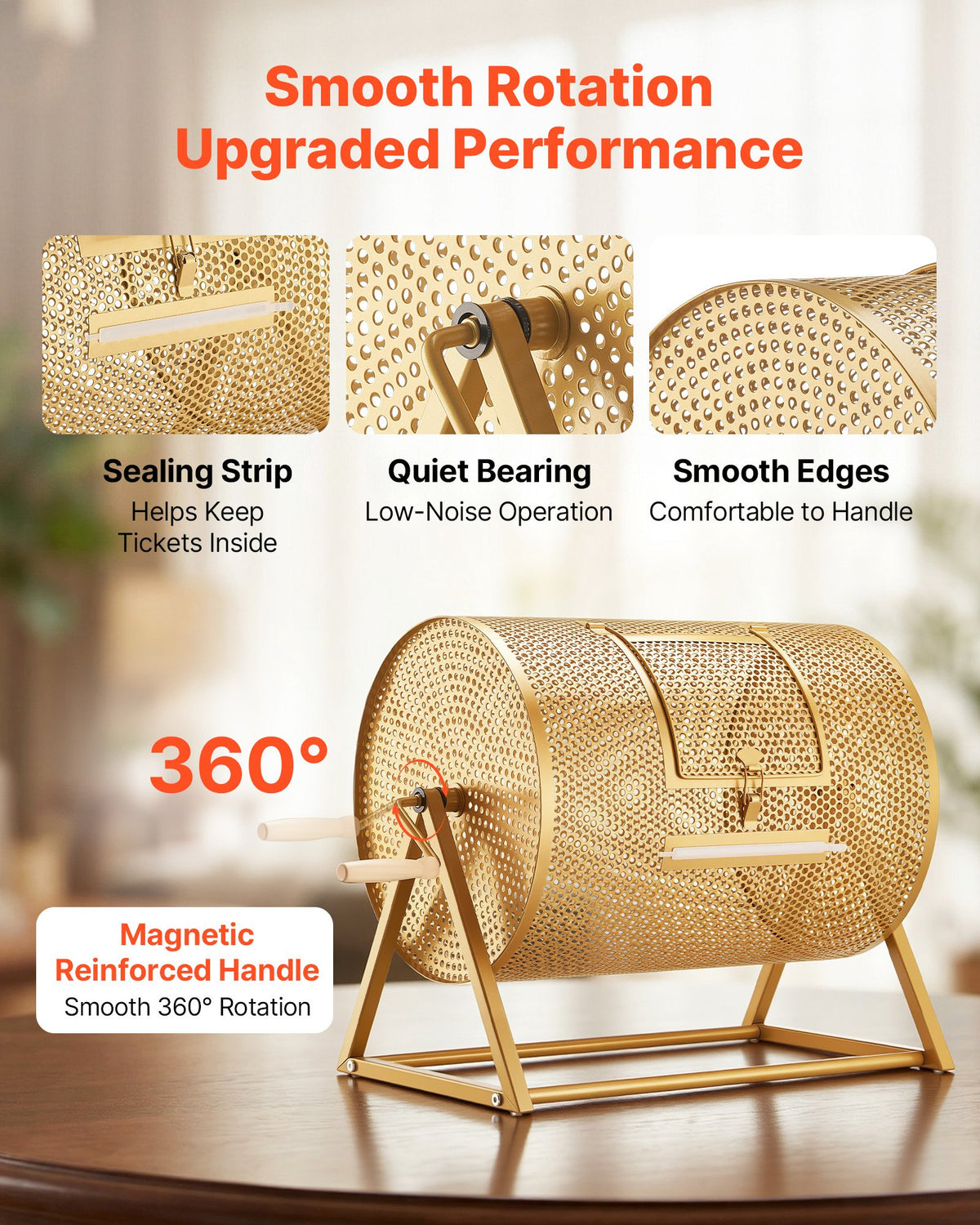 VEVOR Raffle Ticket Spinner, 16.1" x 11.9" Holds 5000 Tickets or 200 Ping Pong Balls, Raffle Drum Lottery Spinning Cage with Reinforced Handle, Stable Triangular Stand, for Events and Gatherings, Gold - CJG16YCJSDZJIXEVM002V0 - view 5