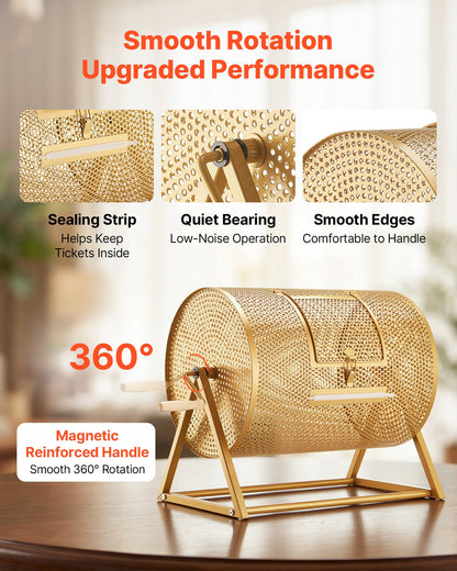 VEVOR Raffle Ticket Spinner, 16.1" x 11.9" Holds 5000 Tickets or 200 Ping Pong Balls, Raffle Drum Lottery Spinning Cage with Reinforced Handle, Stable Triangular Stand, for Events and Gatherings, Gold - CJG16YCJSDZJIXEVM002V0 - view 5