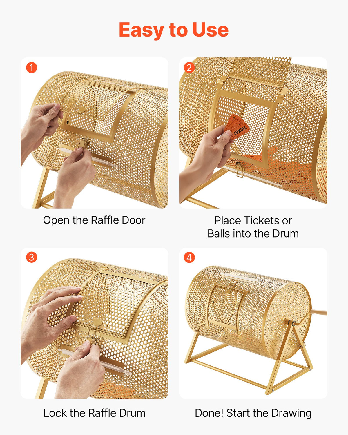 VEVOR Raffle Ticket Spinner, 16.1" x 11.9" Holds 5000 Tickets or 200 Ping Pong Balls, Raffle Drum Lottery Spinning Cage with Reinforced Handle, Stable Triangular Stand, for Events and Gatherings, Gold - CJG16YCJSDZJIXEVM002V0 - view 6