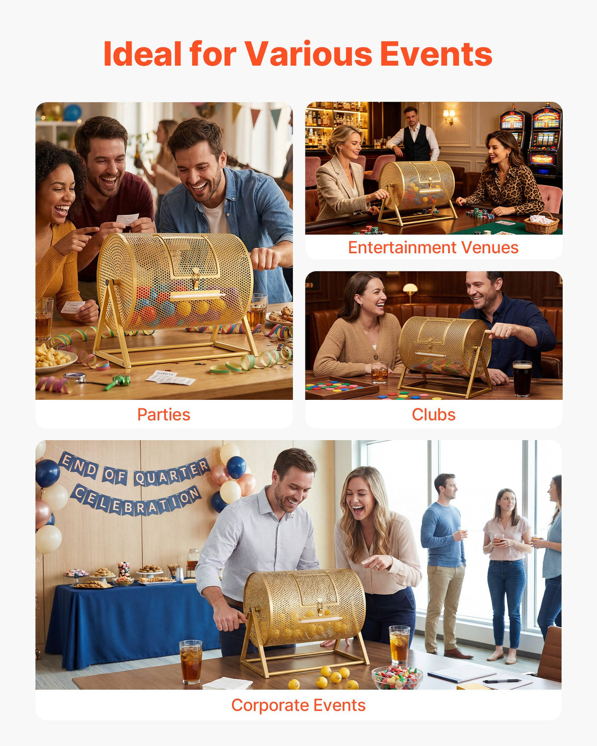 VEVOR Raffle Ticket Spinner, 16.1" x 11.9" Holds 5000 Tickets or 200 Ping Pong Balls, Raffle Drum Lottery Spinning Cage with Reinforced Handle, Stable Triangular Stand, for Events and Gatherings, Gold - CJG16YCJSDZJIXEVM002V0 - view 7