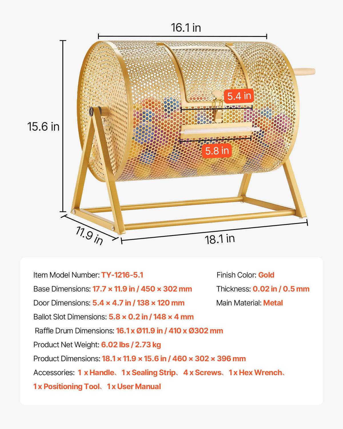 VEVOR Raffle Ticket Spinner, 16.1" x 11.9" Holds 5000 Tickets or 200 Ping Pong Balls, Raffle Drum Lottery Spinning Cage with Reinforced Handle, Stable Triangular Stand, for Events and Gatherings, Gold - CJG16YCJSDZJIXEVM002V0 - view 8
