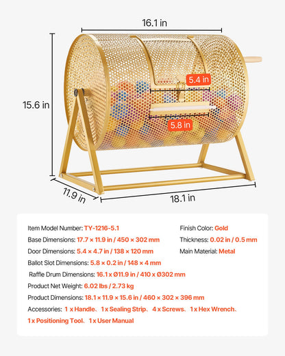 VEVOR Raffle Ticket Spinner, 16.1" x 11.9" Holds 5000 Tickets or 200 Ping Pong Balls, Raffle Drum Lottery Spinning Cage with Reinforced Handle, Stable Triangular Stand, for Events and Gatherings, Gold - CJG16YCJSDZJIXEVM002V0 - view 8