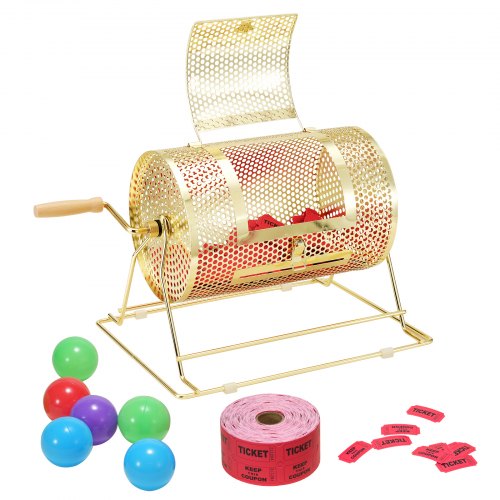VEVOR Raffle Drum,Holds 2500 Tickets or 100 Ping Pong Balls, Metal Lottery Spinning Drawing with Wooden Turning Handle,11.6 x Ø7.48 inch Brass Plated Raffle Ticket Spinning Cage, for Bingo Ballot Pa - CJGJS12YC0003G2KPV0 - view 2