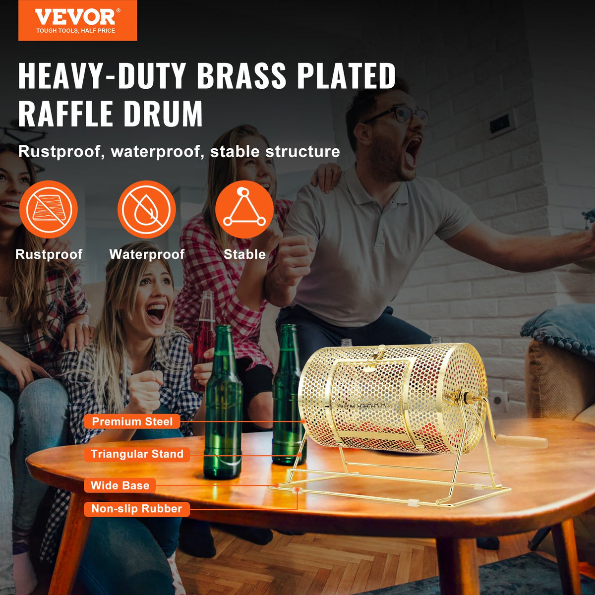 VEVOR Raffle Drum,Holds 2500 Tickets or 100 Ping Pong Balls, Metal Lottery Spinning Drawing with Wooden Turning Handle,11.6 x Ø7.48 inch Brass Plated Raffle Ticket Spinning Cage, for Bingo Ballot Pa - CJGJS12YC0003G2KPV0 - view 3