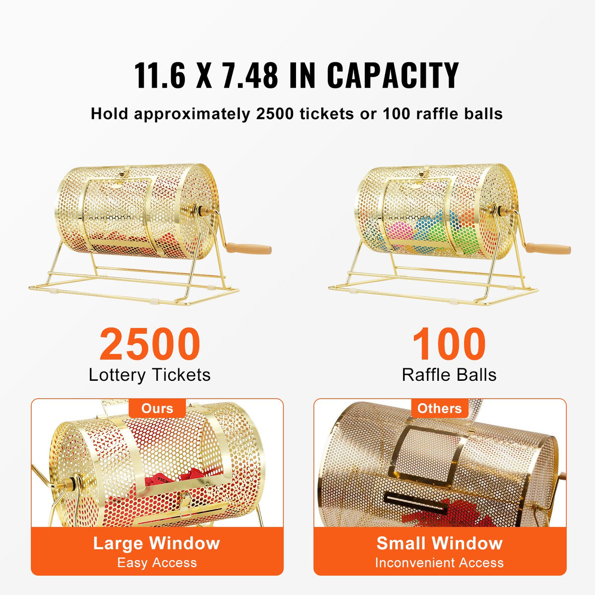 VEVOR Raffle Drum,Holds 2500 Tickets or 100 Ping Pong Balls, Metal Lottery Spinning Drawing with Wooden Turning Handle,11.6 x Ø7.48 inch Brass Plated Raffle Ticket Spinning Cage, for Bingo Ballot Pa - CJGJS12YC0003G2KPV0 - view 4