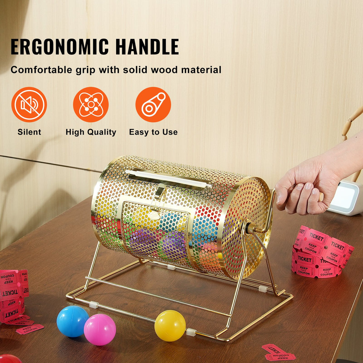 VEVOR Raffle Drum,Holds 2500 Tickets or 100 Ping Pong Balls, Metal Lottery Spinning Drawing with Wooden Turning Handle,11.6 x Ø7.48 inch Brass Plated Raffle Ticket Spinning Cage, for Bingo Ballot Pa - CJGJS12YC0003G2KPV0 - view 6