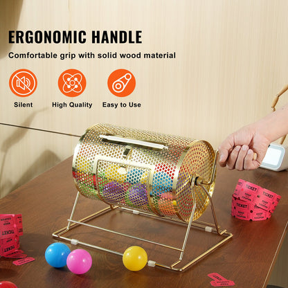 VEVOR Raffle Drum,Holds 2500 Tickets or 100 Ping Pong Balls, Metal Lottery Spinning Drawing with Wooden Turning Handle,11.6 x Ø7.48 inch Brass Plated Raffle Ticket Spinning Cage, for Bingo Ballot Pa - CJGJS12YC0003G2KPV0 - view 6