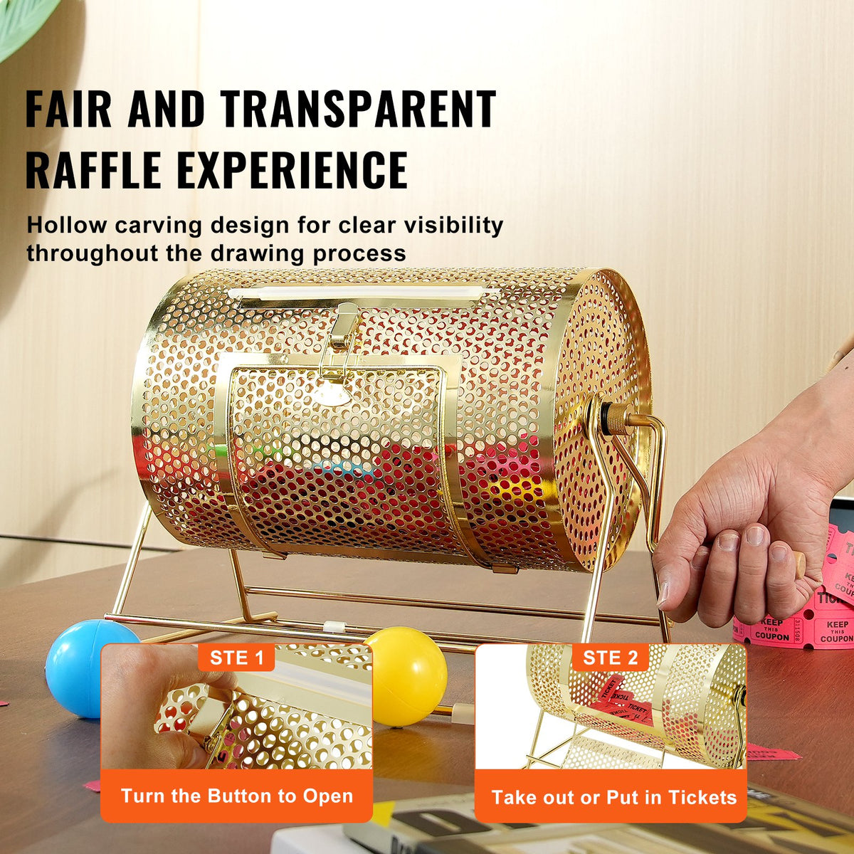 VEVOR Raffle Drum,Holds 2500 Tickets or 100 Ping Pong Balls, Metal Lottery Spinning Drawing with Wooden Turning Handle,11.6 x Ø7.48 inch Brass Plated Raffle Ticket Spinning Cage, for Bingo Ballot Pa - CJGJS12YC0003G2KPV0 - view 7