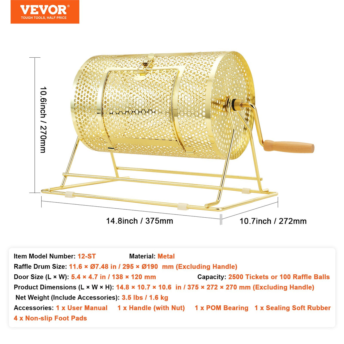 VEVOR Raffle Drum,Holds 2500 Tickets or 100 Ping Pong Balls, Metal Lottery Spinning Drawing with Wooden Turning Handle,11.6 x Ø7.48 inch Brass Plated Raffle Ticket Spinning Cage, for Bingo Ballot Pa - CJGJS12YC0003G2KPV0 - view 8