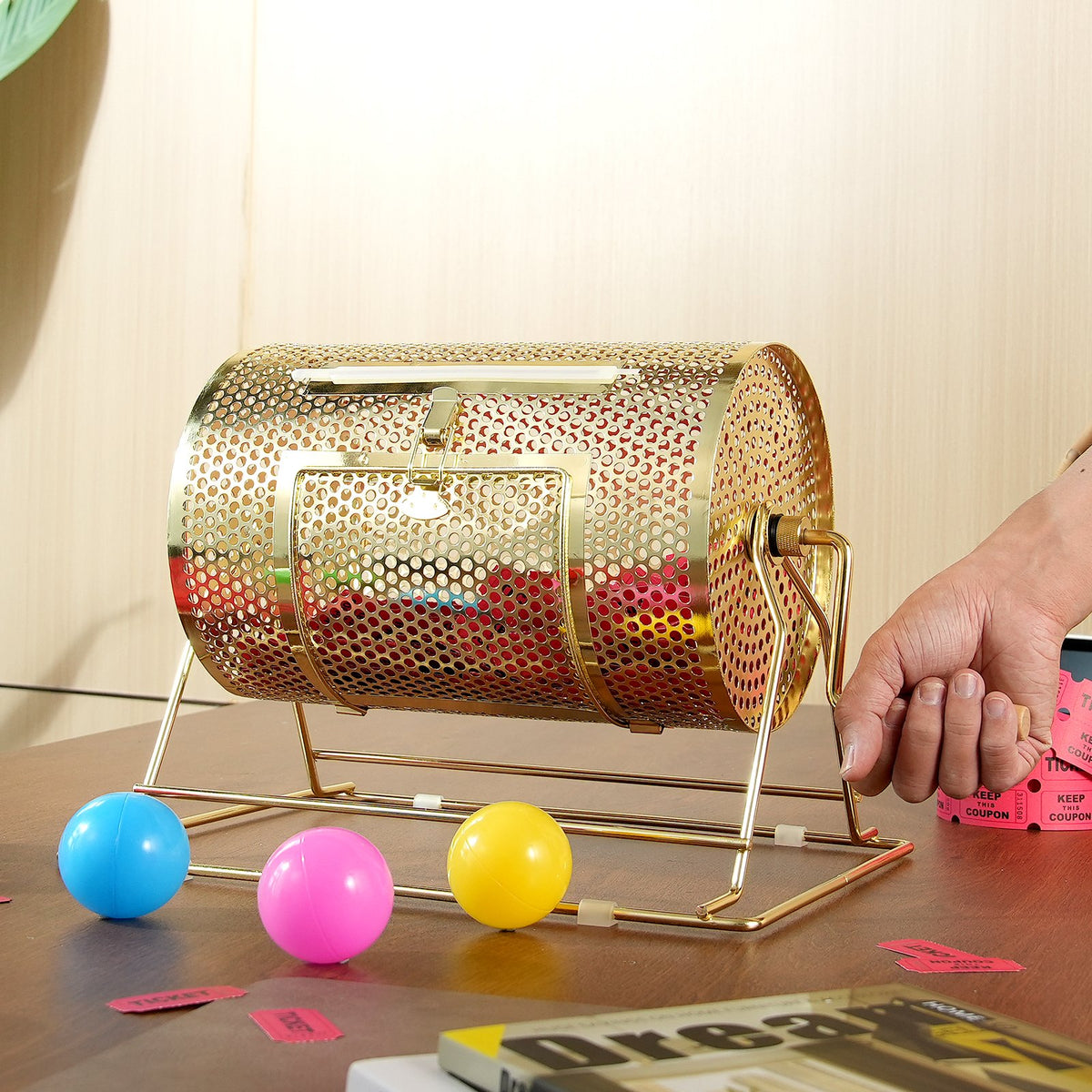 VEVOR Raffle Drum,Holds 2500 Tickets or 100 Ping Pong Balls, Metal Lottery Spinning Drawing with Wooden Turning Handle,11.6 x Ø7.48 inch Brass Plated Raffle Ticket Spinning Cage, for Bingo Ballot Pa - CJGJS12YC0003G2KPV0 - view 9