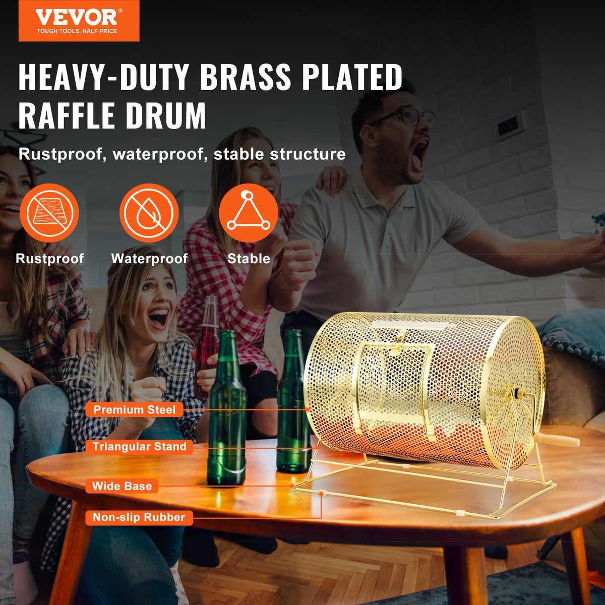 VEVOR Raffle Drum, Holds 5000 Tickets or 200 Ping Pong Balls, Metal Lottery Spinning Drawing with Wooden Turning Handle,16.1 x Ø12 inch Brass Plated Raffle Ticket Spinning Cage, for Bingo Ballot Part - CJGJS16YC000Z86CGV0 - view 3