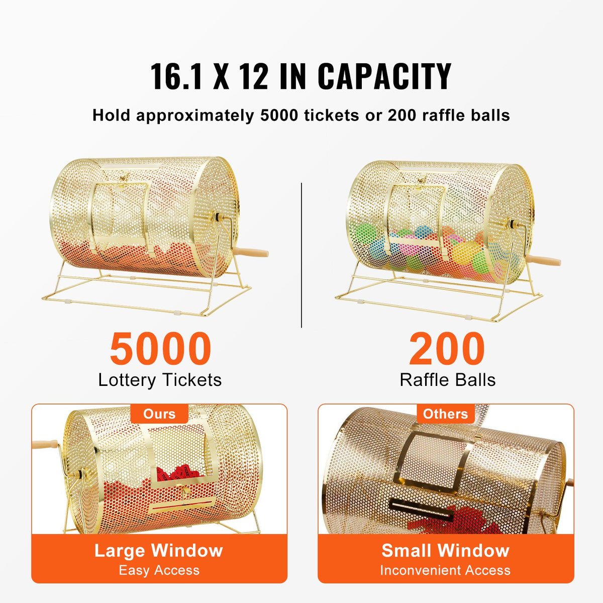 VEVOR Raffle Drum, Holds 5000 Tickets or 200 Ping Pong Balls, Metal Lottery Spinning Drawing with Wooden Turning Handle,16.1 x Ø12 inch Brass Plated Raffle Ticket Spinning Cage, for Bingo Ballot Part - CJGJS16YC000Z86CGV0 - view 4
