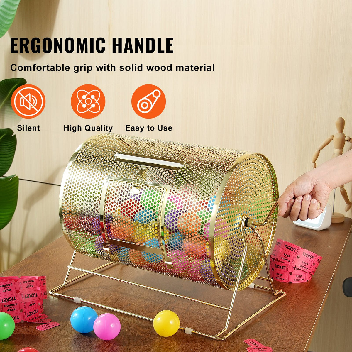 VEVOR Raffle Drum, Holds 5000 Tickets or 200 Ping Pong Balls, Metal Lottery Spinning Drawing with Wooden Turning Handle,16.1 x Ø12 inch Brass Plated Raffle Ticket Spinning Cage, for Bingo Ballot Part - CJGJS16YC000Z86CGV0 - view 6