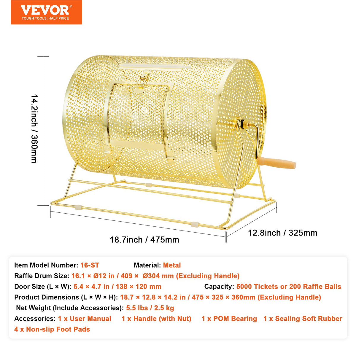 VEVOR Raffle Drum, Holds 5000 Tickets or 200 Ping Pong Balls, Metal Lottery Spinning Drawing with Wooden Turning Handle,16.1 x Ø12 inch Brass Plated Raffle Ticket Spinning Cage, for Bingo Ballot Part - CJGJS16YC000Z86CGV0 - view 8