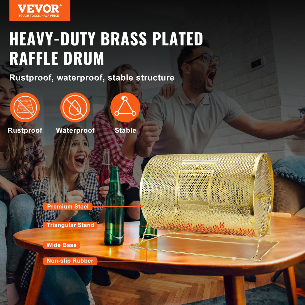 VEVOR Raffle Drum,Holds 10000 Tickets or 300 Ping Pong Balls, Metal Lottery Spinning Drawing with Wooden Turning Handle, 14.8 x Ø21.26 inch Brass Plated Raffle Ticket Spinning Cage, for Bingo Ballot - CJGJS19YC000HNSYJV0 - view 3