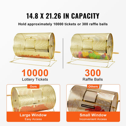 VEVOR Raffle Drum,Holds 10000 Tickets or 300 Ping Pong Balls, Metal Lottery Spinning Drawing with Wooden Turning Handle, 14.8 x Ø21.26 inch Brass Plated Raffle Ticket Spinning Cage, for Bingo Ballot - CJGJS19YC000HNSYJV0 - view 4