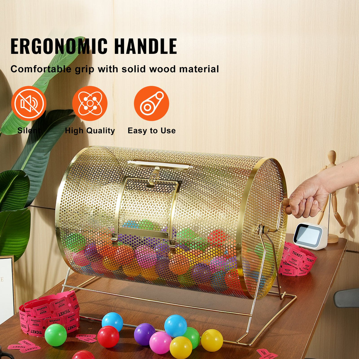 VEVOR Raffle Drum,Holds 10000 Tickets or 300 Ping Pong Balls, Metal Lottery Spinning Drawing with Wooden Turning Handle, 14.8 x Ø21.26 inch Brass Plated Raffle Ticket Spinning Cage, for Bingo Ballot - CJGJS19YC000HNSYJV0 - view 6