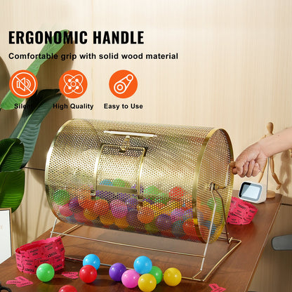 VEVOR Raffle Drum,Holds 10000 Tickets or 300 Ping Pong Balls, Metal Lottery Spinning Drawing with Wooden Turning Handle, 14.8 x Ø21.26 inch Brass Plated Raffle Ticket Spinning Cage, for Bingo Ballot - CJGJS19YC000HNSYJV0 - view 6