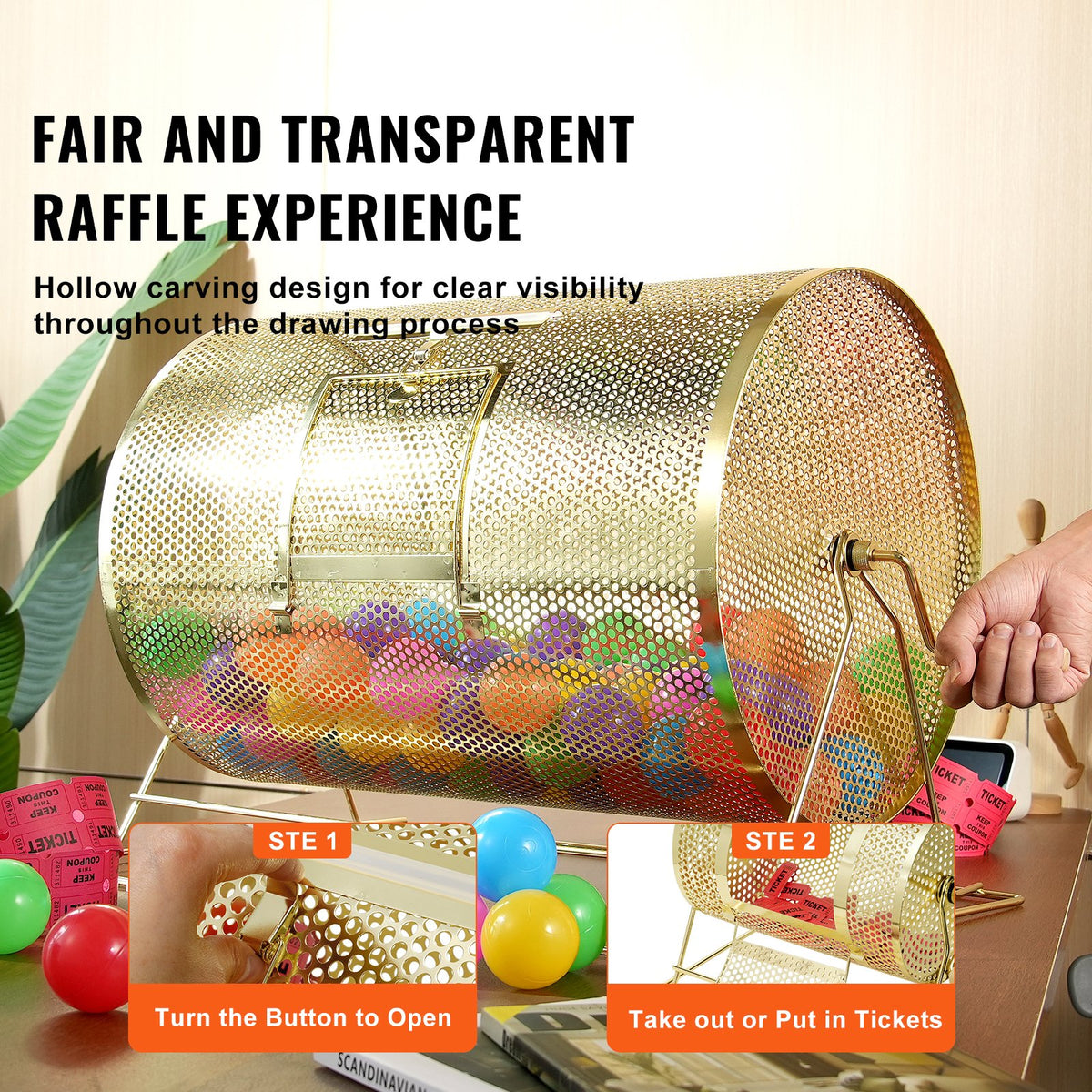VEVOR Raffle Drum,Holds 10000 Tickets or 300 Ping Pong Balls, Metal Lottery Spinning Drawing with Wooden Turning Handle, 14.8 x Ø21.26 inch Brass Plated Raffle Ticket Spinning Cage, for Bingo Ballot - CJGJS19YC000HNSYJV0 - view 7