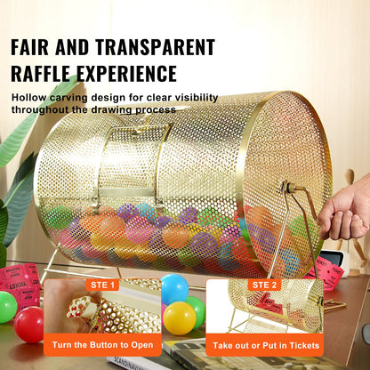 VEVOR Raffle Drum,Holds 10000 Tickets or 300 Ping Pong Balls, Metal Lottery Spinning Drawing with Wooden Turning Handle, 14.8 x Ø21.26 inch Brass Plated Raffle Ticket Spinning Cage, for Bingo Ballot - CJGJS19YC000HNSYJV0 - view 7