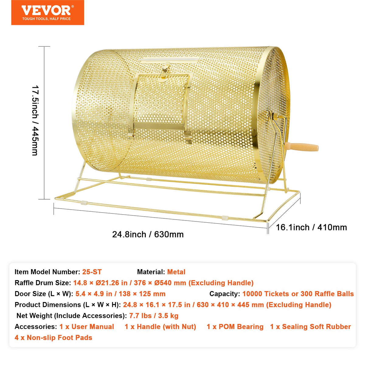 VEVOR Raffle Drum,Holds 10000 Tickets or 300 Ping Pong Balls, Metal Lottery Spinning Drawing with Wooden Turning Handle, 14.8 x Ø21.26 inch Brass Plated Raffle Ticket Spinning Cage, for Bingo Ballot - CJGJS19YC000HNSYJV0 - view 8