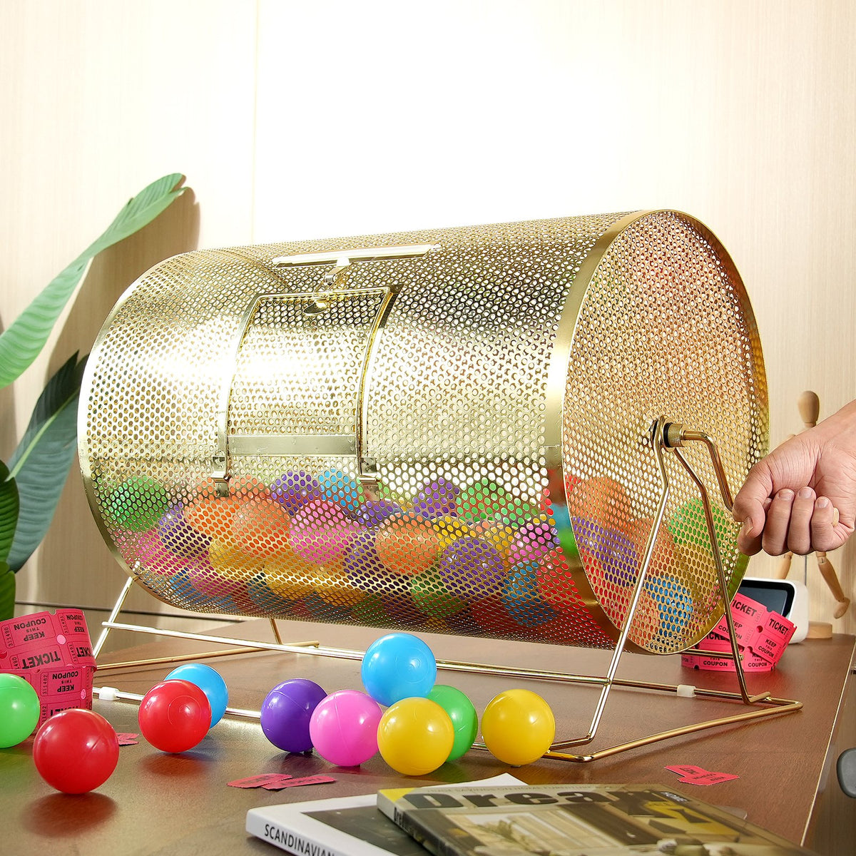 VEVOR Raffle Drum,Holds 10000 Tickets or 300 Ping Pong Balls, Metal Lottery Spinning Drawing with Wooden Turning Handle, 14.8 x Ø21.26 inch Brass Plated Raffle Ticket Spinning Cage, for Bingo Ballot - CJGJS19YC000HNSYJV0 - view 9