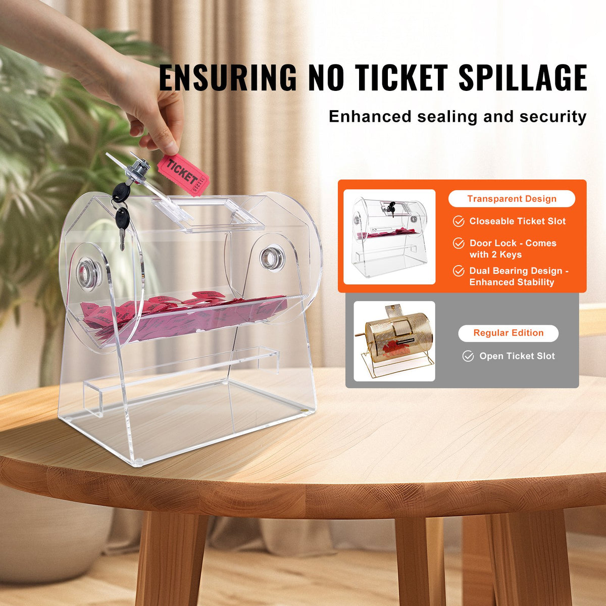 VEVOR Acrylic Raffle Drum, Professional Raffle Ticket Spinning Cage with 2 Keys, Transparent Lottery Spinning Drawing, Holds 2500 Tickets or 100 Raffle Balls,Raffle Ticket Box for Lottery Games Bingo - CJGSL12YC0007VKLTV0 - view 5