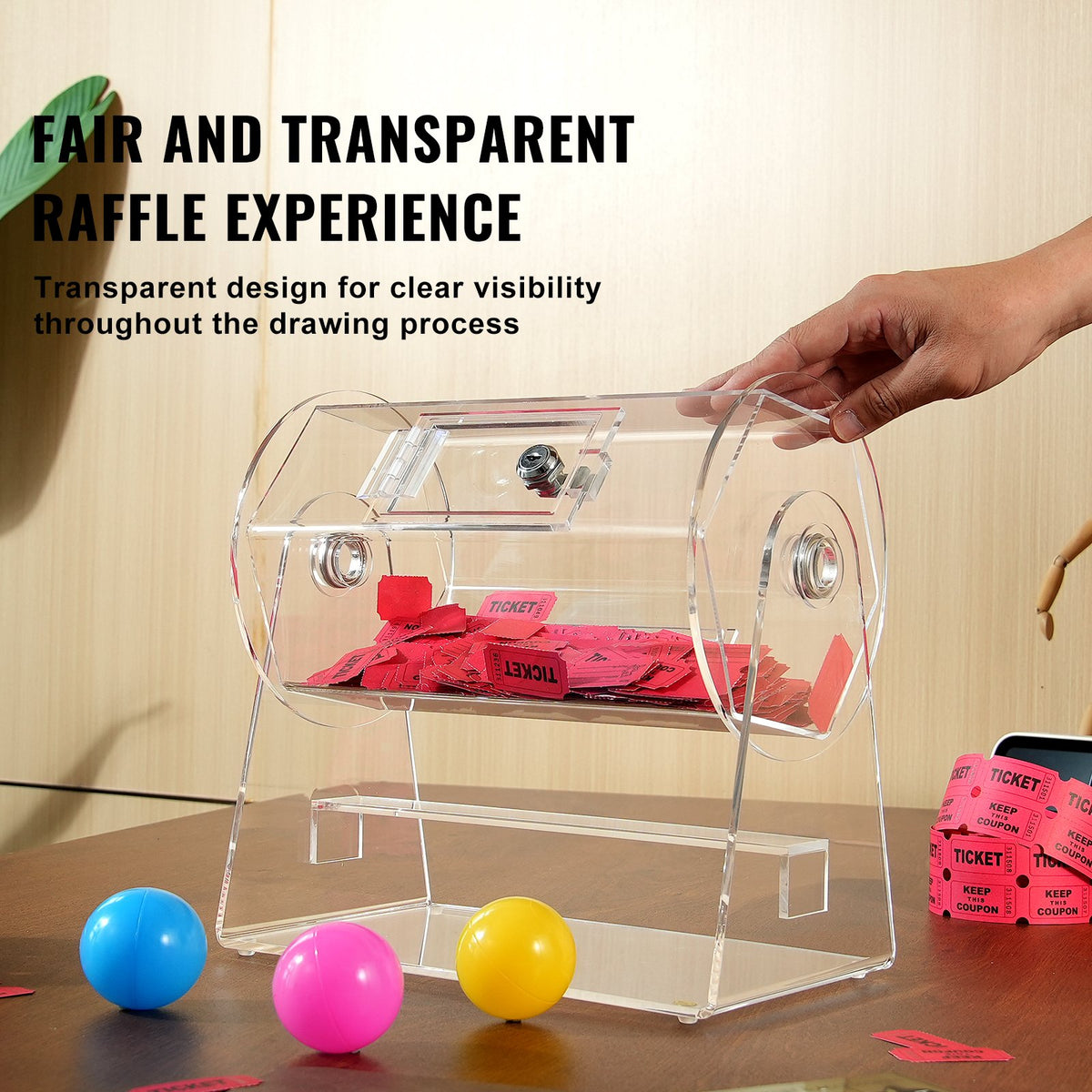 VEVOR Acrylic Raffle Drum, Professional Raffle Ticket Spinning Cage with 2 Keys, Transparent Lottery Spinning Drawing, Holds 2500 Tickets or 100 Raffle Balls,Raffle Ticket Box for Lottery Games Bingo - CJGSL12YC0007VKLTV0 - view 7