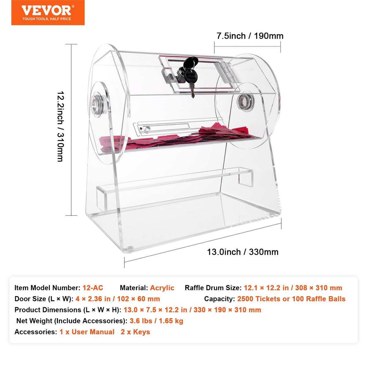VEVOR Acrylic Raffle Drum, Professional Raffle Ticket Spinning Cage with 2 Keys, Transparent Lottery Spinning Drawing, Holds 2500 Tickets or 100 Raffle Balls,Raffle Ticket Box for Lottery Games Bingo - CJGSL12YC0007VKLTV0 - view 8