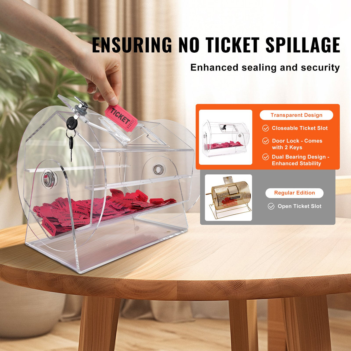 VEVOR Acrylic Raffle Drum,Professional Raffle Ticket Spinning Cage with 2 Keys, Transparent Lottery Spinning Drawing, Holds 5000 Tickets or 200 Raffle Balls, Raffle Ticket Box for Lottery Games Bingo - CJGSL16YC000SJDVGV0 - view 5