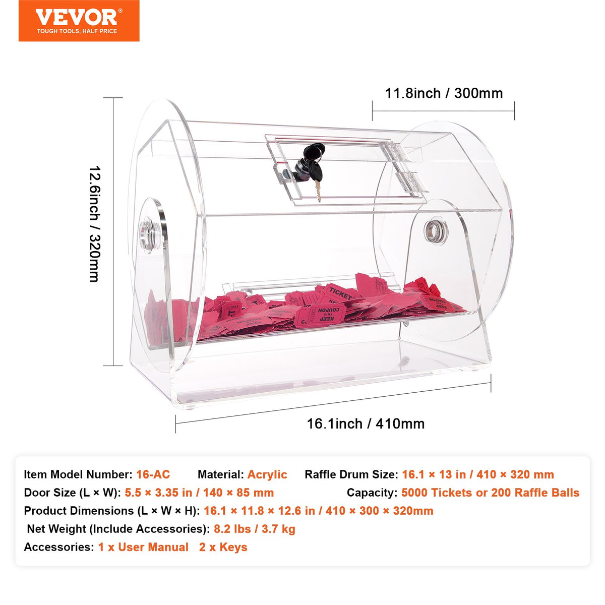 VEVOR Acrylic Raffle Drum,Professional Raffle Ticket Spinning Cage with 2 Keys, Transparent Lottery Spinning Drawing, Holds 5000 Tickets or 200 Raffle Balls, Raffle Ticket Box for Lottery Games Bingo - CJGSL16YC000SJDVGV0 - view 8