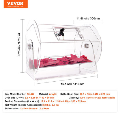VEVOR Acrylic Raffle Drum,Professional Raffle Ticket Spinning Cage with 2 Keys, Transparent Lottery Spinning Drawing, Holds 5000 Tickets or 200 Raffle Balls, Raffle Ticket Box for Lottery Games Bingo - CJGSL16YC000SJDVGV0 - view 8