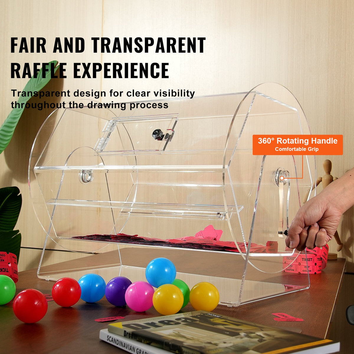 VEVOR Acrylic Raffle Drum,Professional Raffle Ticket Spinning Cage with 2 Keys, Transparent Lottery Spinning Drawing, Holds 10000 Tickets or 300 Raffle Balls, Raffle Ticket Box for Lottery Games Bing - CJGSL19YC000YJZATV0 - view 7