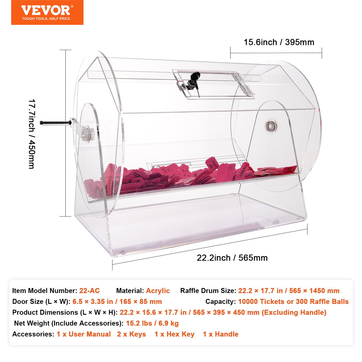 VEVOR Acrylic Raffle Drum,Professional Raffle Ticket Spinning Cage with 2 Keys, Transparent Lottery Spinning Drawing, Holds 10000 Tickets or 300 Raffle Balls, Raffle Ticket Box for Lottery Games Bing - CJGSL19YC000YJZATV0 - view 8
