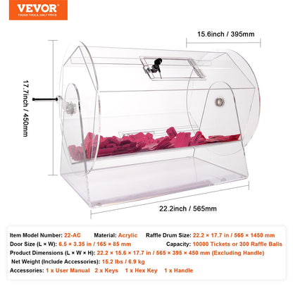 VEVOR Acrylic Raffle Drum,Professional Raffle Ticket Spinning Cage with 2 Keys, Transparent Lottery Spinning Drawing, Holds 10000 Tickets or 300 Raffle Balls, Raffle Ticket Box for Lottery Games Bing - CJGSL19YC000YJZATV0 - view 8