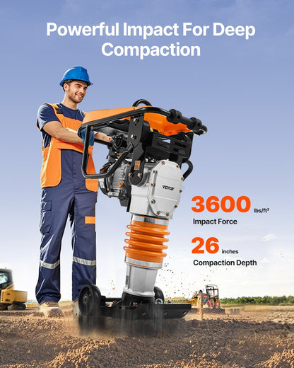 VEVOR Jumping Jack Compactor, 6.5 HP Vibratory Rammer Fuel-Powered 196 cc Engine Tamper, 3600 lbs Impact Force, 26" Max Compaction Depth, for Soil, Gravel, Footings, Concrete Slabs, and Foundations - CJHDDH70HP00VXFV2V0 - view 3