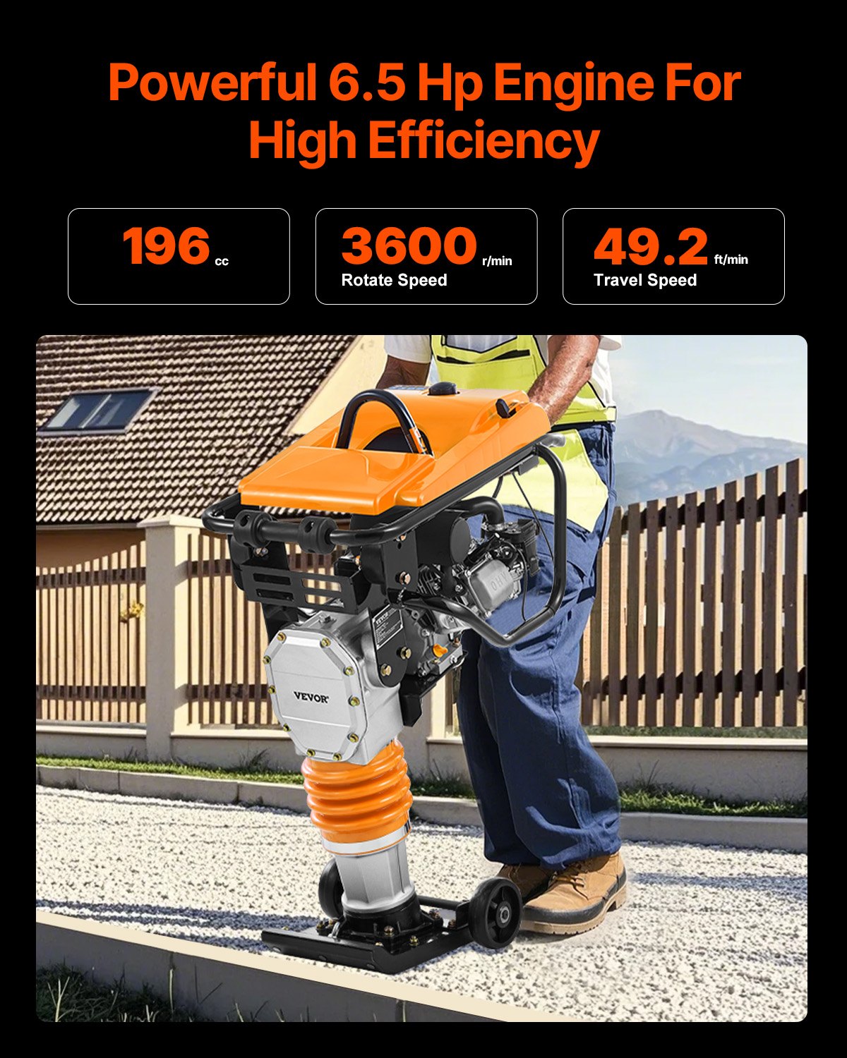 VEVOR Jumping Jack Compactor, 6.5 HP Vibratory Rammer Fuel-Powered 196 cc Engine Tamper, 3600 lbs Impact Force, 26" Max Compaction Depth, for Soil, Gravel, Footings, Concrete Slabs, and Foundations - CJHDDH70HP00VXFV2V0 - view 5