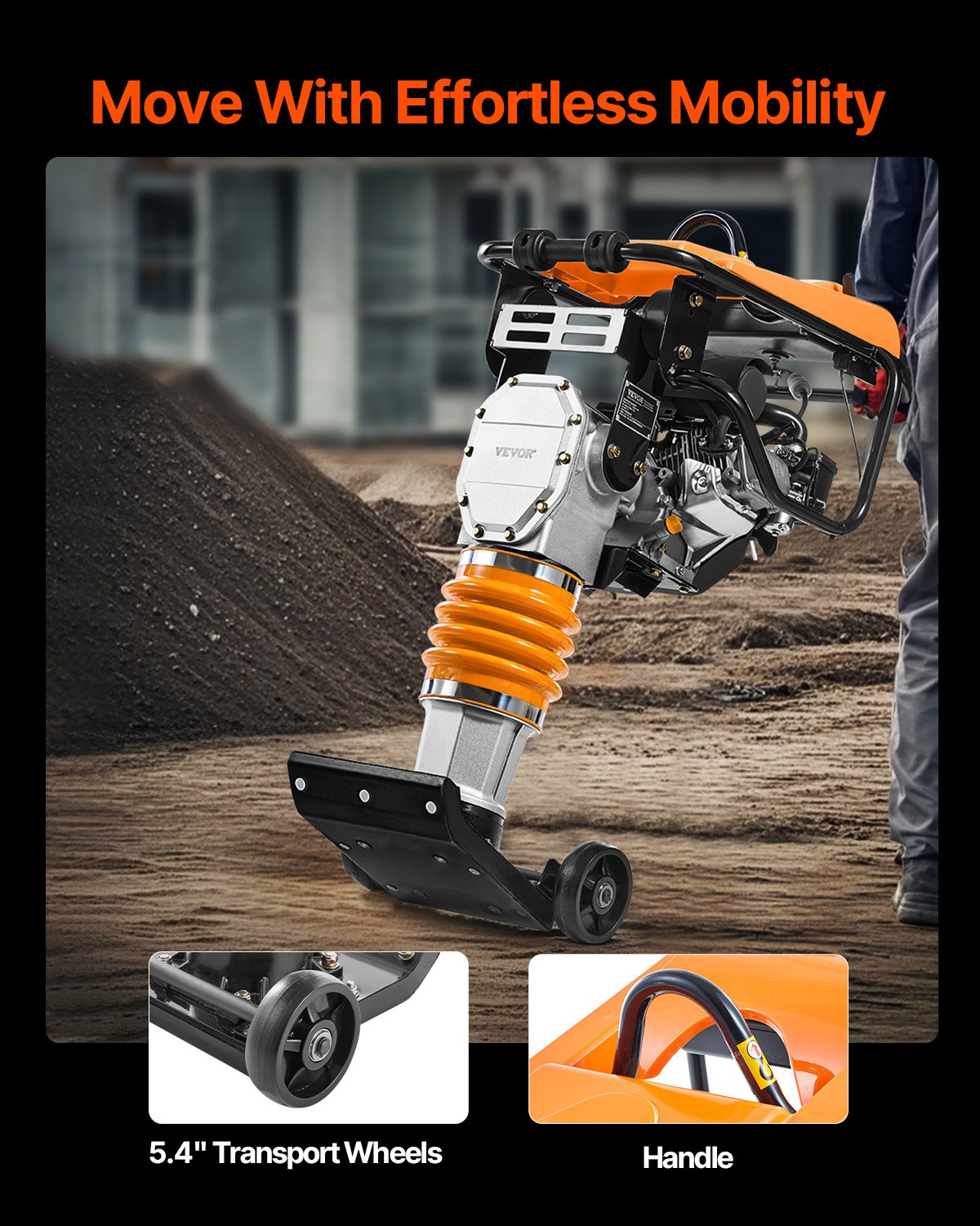 VEVOR Jumping Jack Compactor, 6.5 HP Vibratory Rammer Fuel-Powered 196 cc Engine Tamper, 3600 lbs Impact Force, 26" Max Compaction Depth, for Soil, Gravel, Footings, Concrete Slabs, and Foundations - CJHDDH70HP00VXFV2V0 - view 6