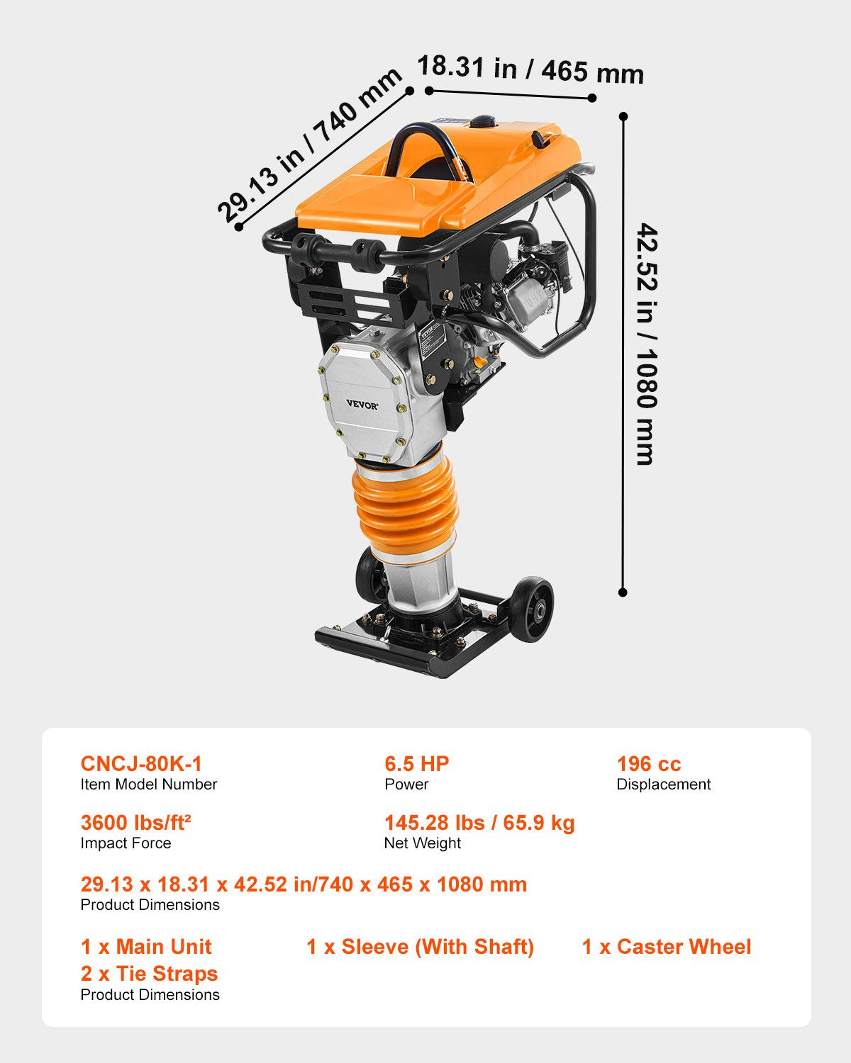 VEVOR Jumping Jack Compactor, 6.5 HP Vibratory Rammer Fuel-Powered 196 cc Engine Tamper, 3600 lbs Impact Force, 26" Max Compaction Depth, for Soil, Gravel, Footings, Concrete Slabs, and Foundations - CJHDDH70HP00VXFV2V0 - view 8