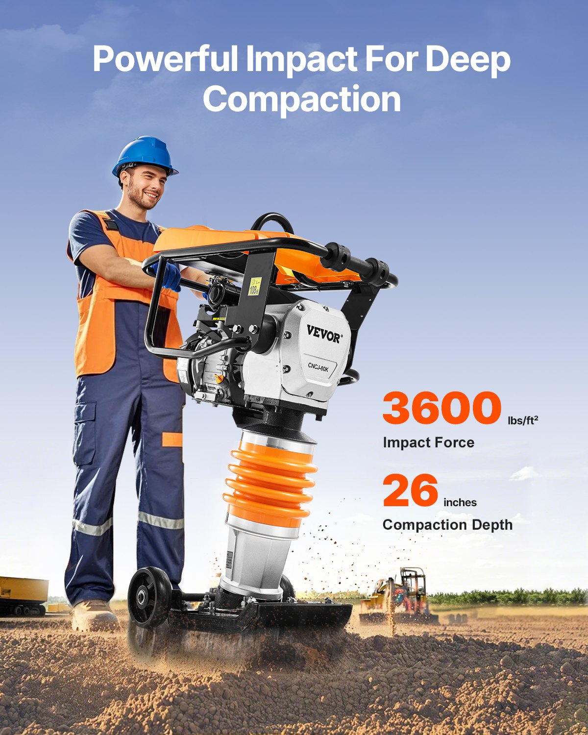 VEVOR Jumping Jack Compactor, 6.5 HP Vibratory Rammer Fuel-Powered 196 cc Engine Tamper, 3600 lbs Impact Force, 26" Max Compaction Depth, Four-Spring, for Soil, Gravel, Concrete Slabs, Foundations - CJHSDH70HP00SFQQSV0 - view 3