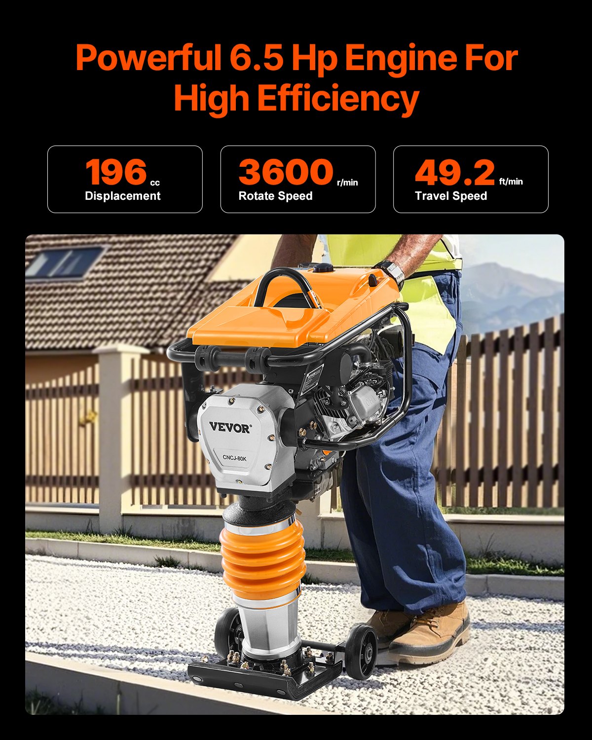 VEVOR Jumping Jack Compactor, 6.5 HP Vibratory Rammer Fuel-Powered 196 cc Engine Tamper, 3600 lbs Impact Force, 26" Max Compaction Depth, Four-Spring, for Soil, Gravel, Concrete Slabs, Foundations - CJHSDH70HP00SFQQSV0 - view 5