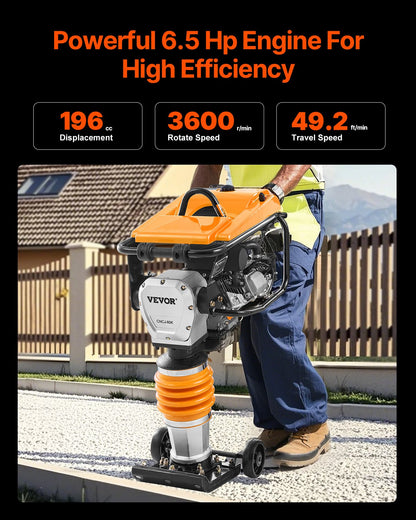 VEVOR Jumping Jack Compactor, 6.5 HP Vibratory Rammer Fuel-Powered 196 cc Engine Tamper, 3600 lbs Impact Force, 26" Max Compaction Depth, Four-Spring, for Soil, Gravel, Concrete Slabs, Foundations - CJHSDH70HP00SFQQSV0 - view 5