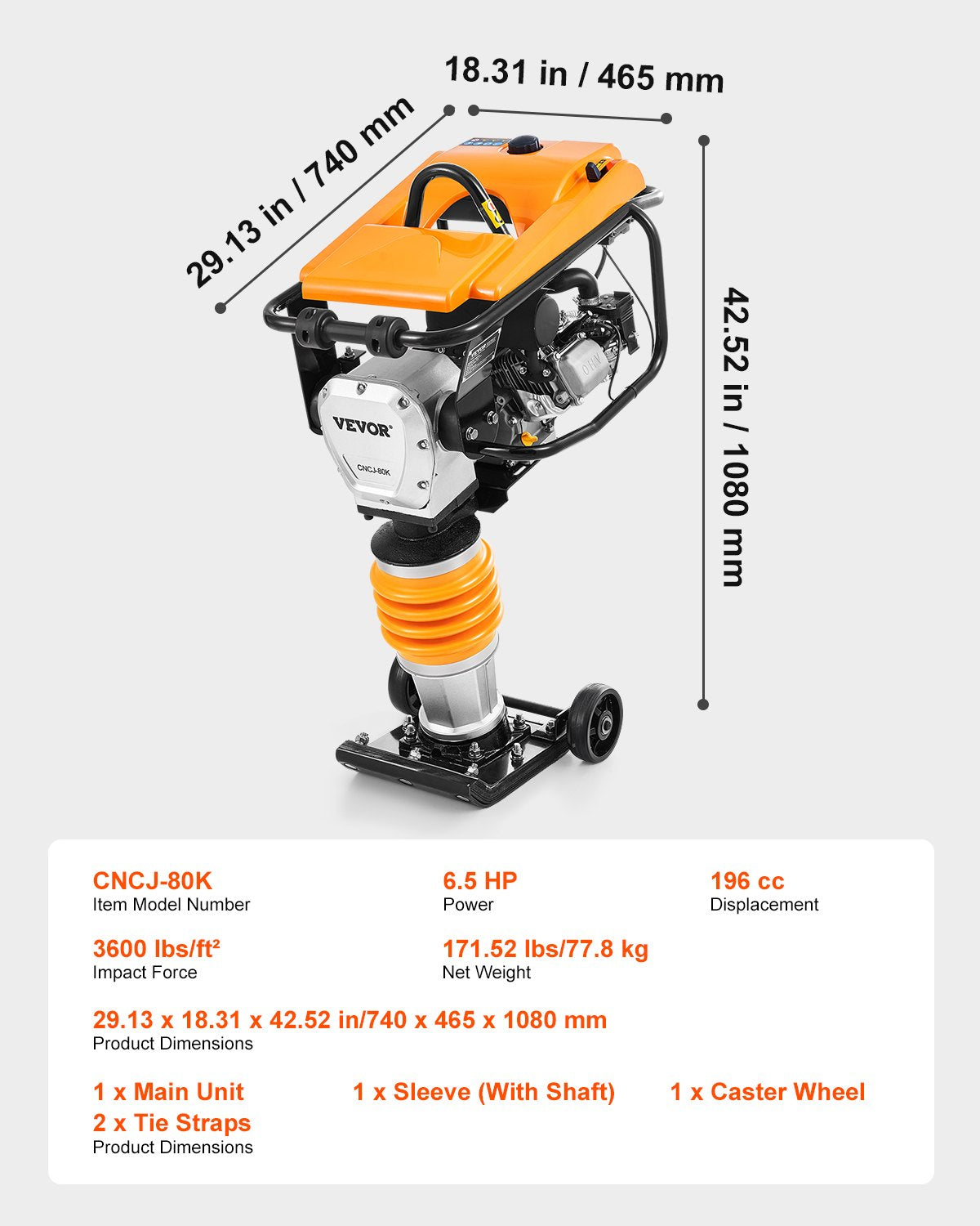 VEVOR Jumping Jack Compactor, 6.5 HP Vibratory Rammer Fuel-Powered 196 cc Engine Tamper, 3600 lbs Impact Force, 26" Max Compaction Depth, Four-Spring, for Soil, Gravel, Concrete Slabs, Foundations - CJHSDH70HP00SFQQSV0 - view 8