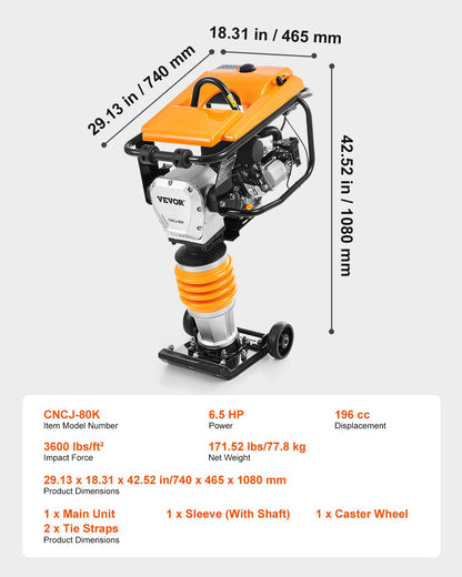 VEVOR Jumping Jack Compactor, 6.5 HP Vibratory Rammer Fuel-Powered 196 cc Engine Tamper, 3600 lbs Impact Force, 26" Max Compaction Depth, Four-Spring, for Soil, Gravel, Concrete Slabs, Foundations - CJHSDH70HP00SFQQSV0 - view 8