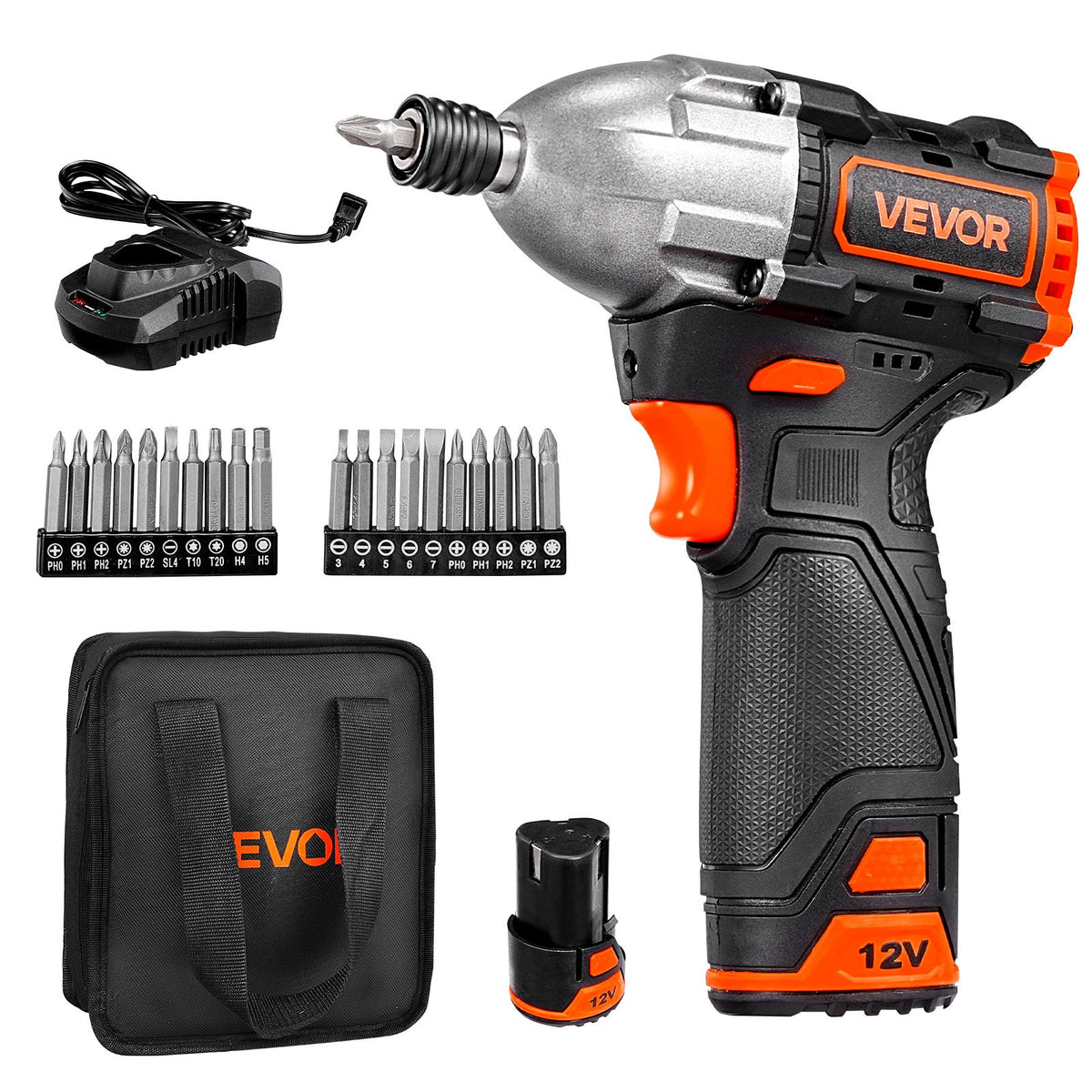 VEVOR Impact Driver, 1/4 Inch, 3000 RPM Max Speed, 12 V Brushless Motor, Electric Cordless Impact Driver Kit with Battery and Charger, 20 Bits, LED Work Light, for Furniture, Electrical, Home Repairs - CJQZ12V120NMIKE45001V1 - view 1