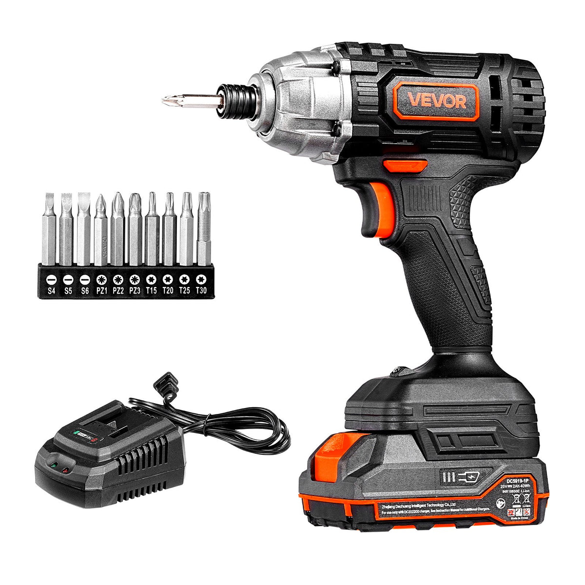 VEVOR Impact Driver, 1/4 Inch, 2800 RPM Max Speed, 20 V Powerful Motor, Electric Cordless Impact Driver Kit with Battery and Charger, 10 Bits, LED Work Light, for Furniture, Electrical, Home Repairs - CJQZ20V180NMT7ZY6001V1 - view 1